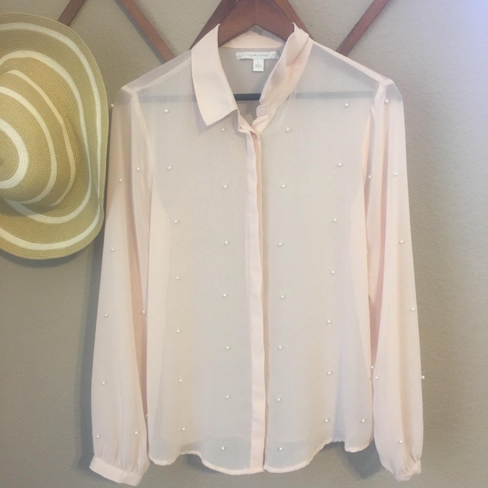 Lauren Conrad Blush Sheer Blouse with Pearls